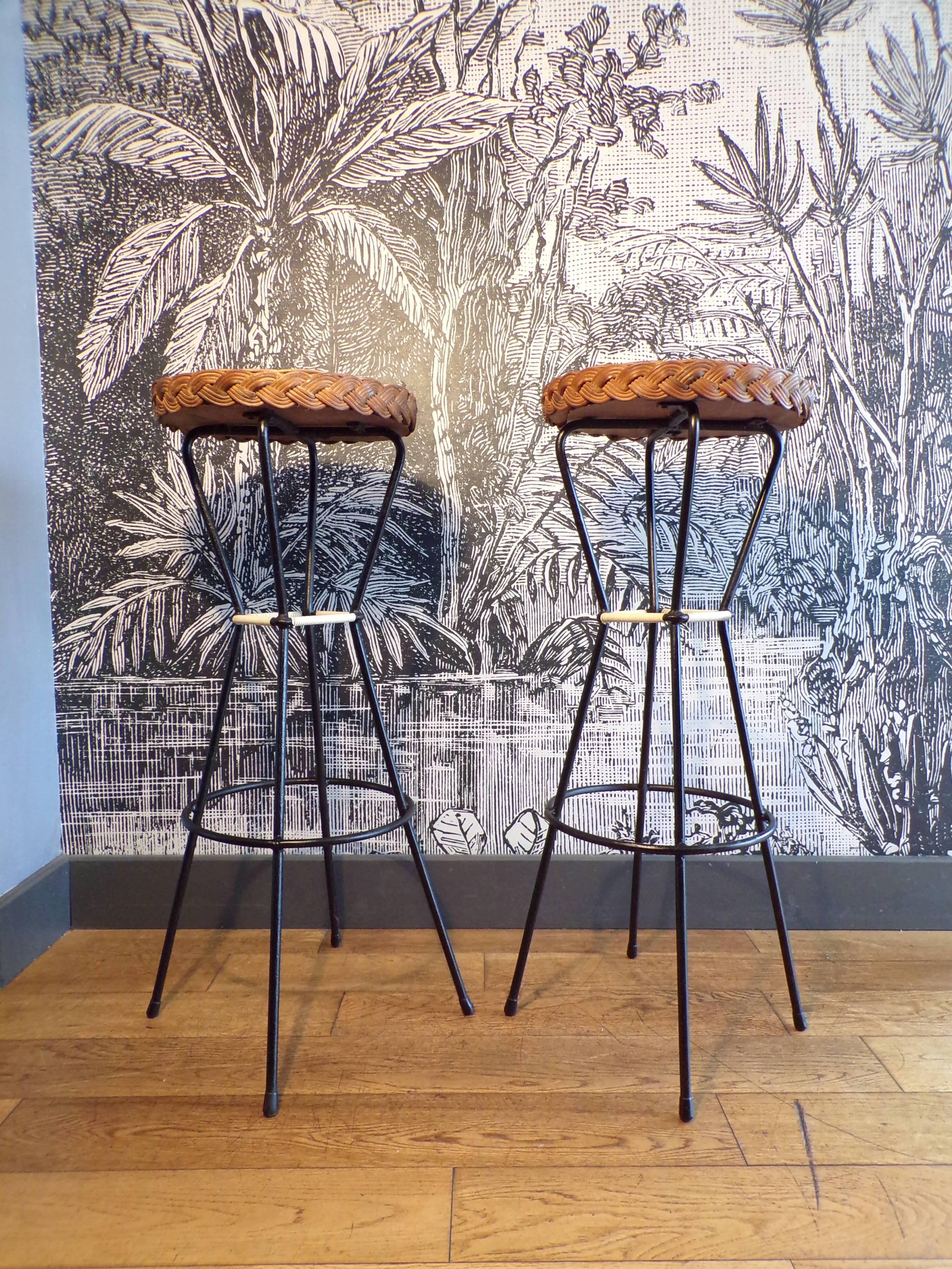 Pair of 1950s iron and rattan bar stools