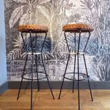 Pair of 1950s iron and rattan bar stools