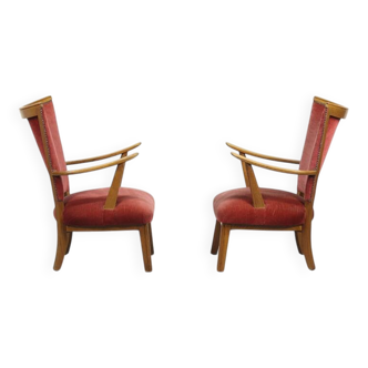 Set of Two Vintage Armchairs with Oak Frames