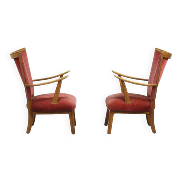 Set of Two Vintage Armchairs with Oak Frames