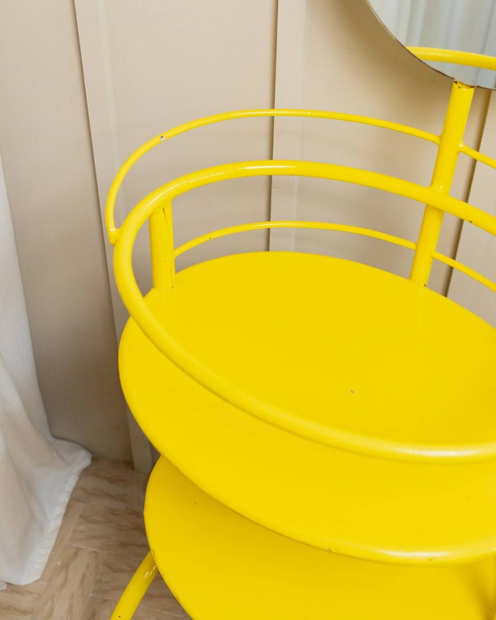 Vintage metal side table with mirror, 1960s - multifunctional yellow shelf from Italy.