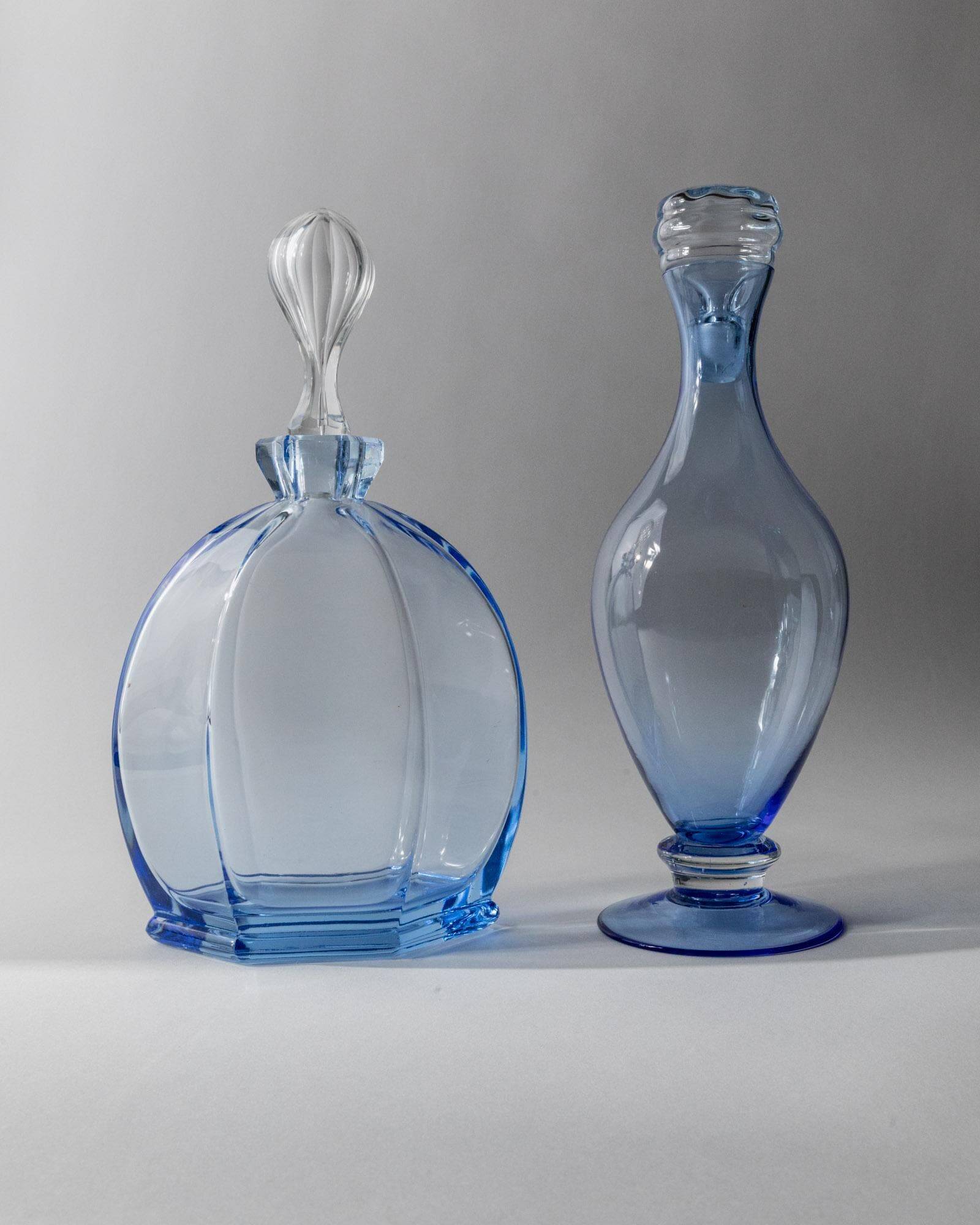 Set of 2 vintage Murano glass carafes from the 1940s, blue art glass with stoppers.