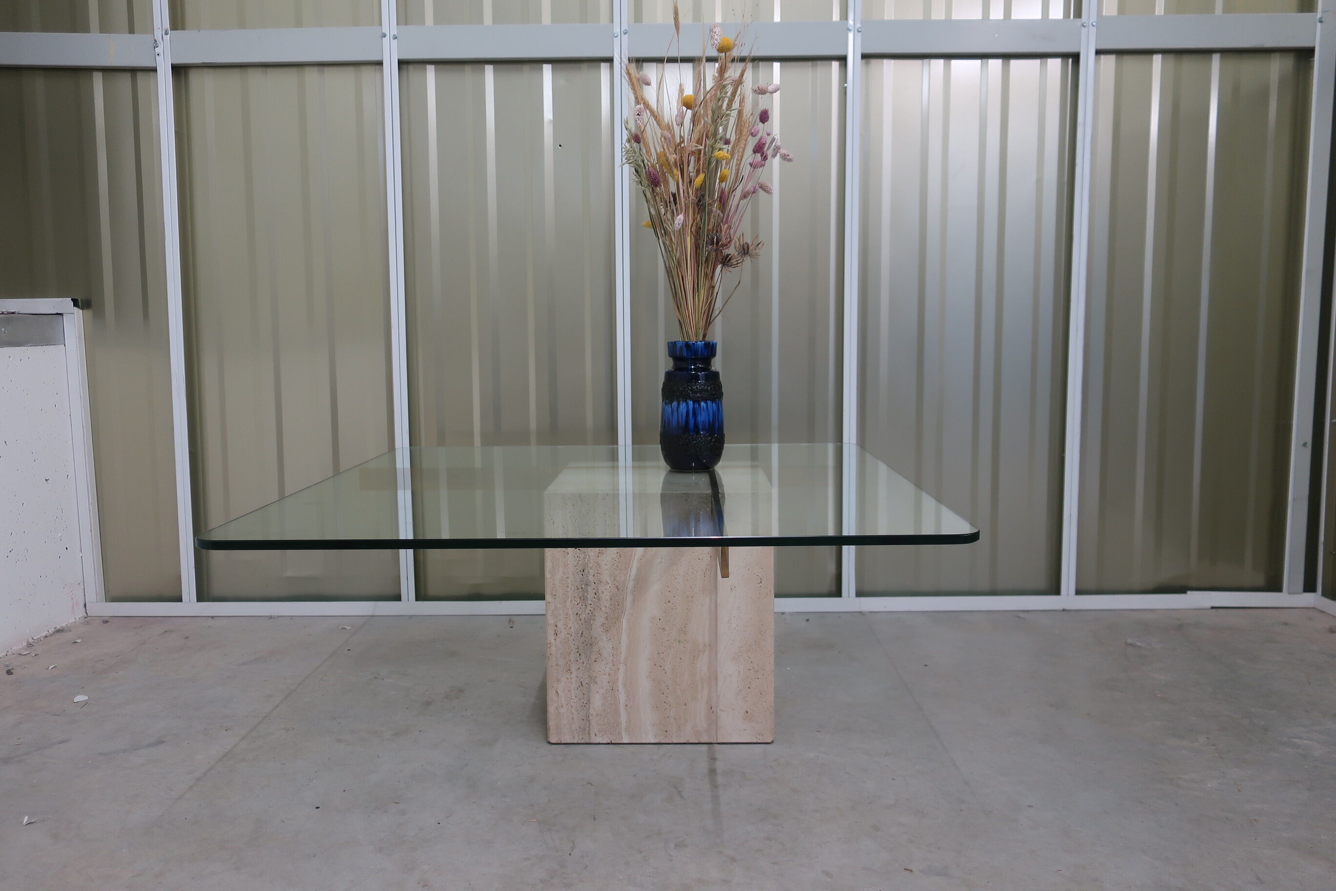 70s travertine and brass coffee table