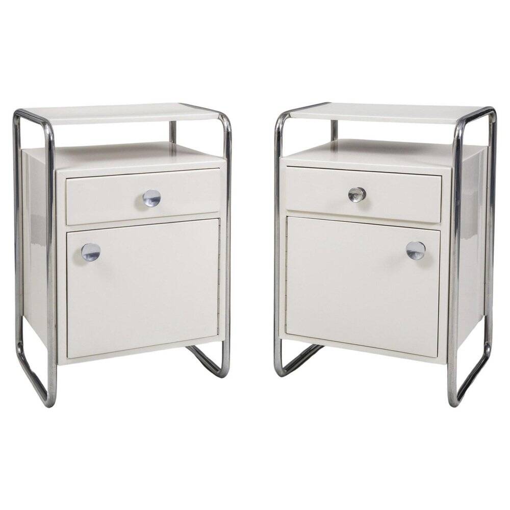 Bauhaus Bedside Tables in Chrome & Wood by Sab, Czech, 1930s, Set of 2