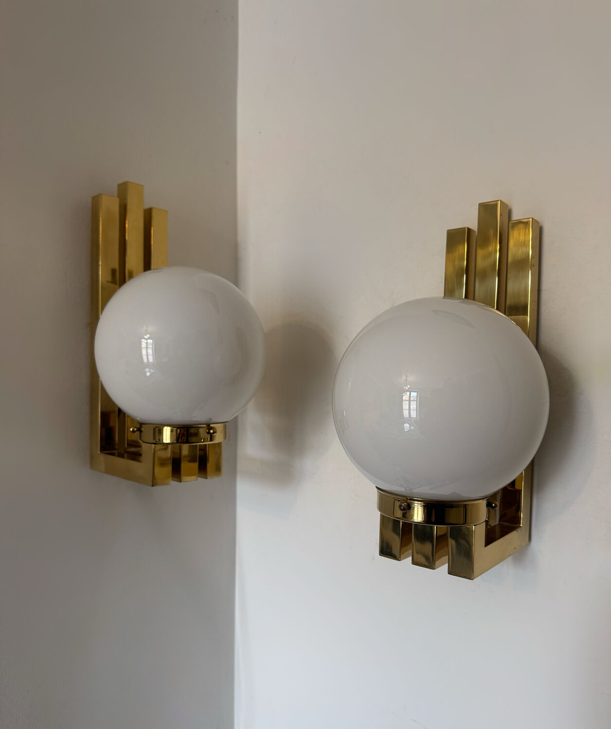 Opaline brass wall lights from the 1970s.