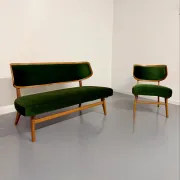 Sofa and armchair designed by Herta-Maria Witzemann, moulded wood, 1960s.