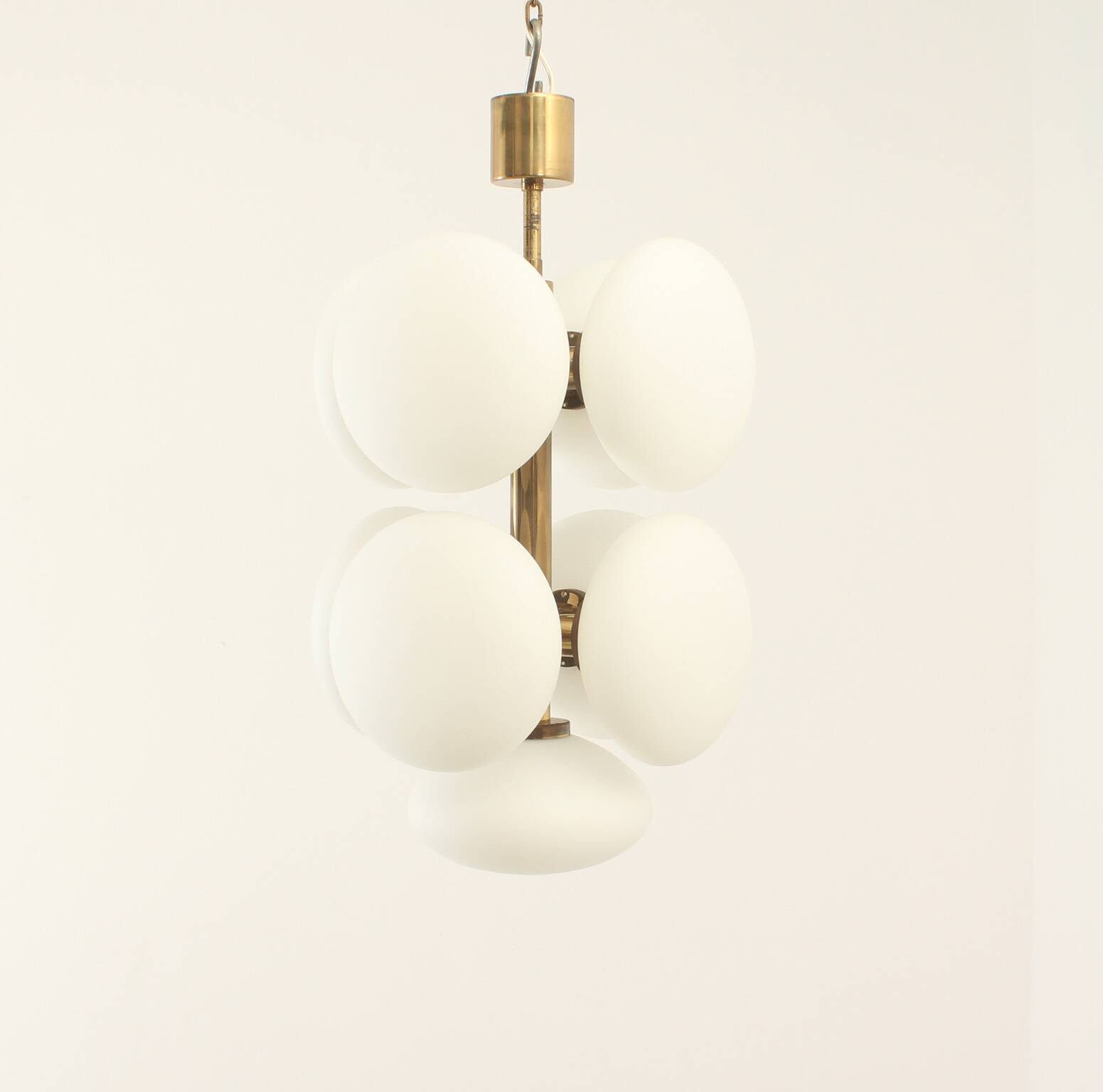 Brass and opaline Sputnik chandelier by Kaiser Leuchten, Germany, 1960s.