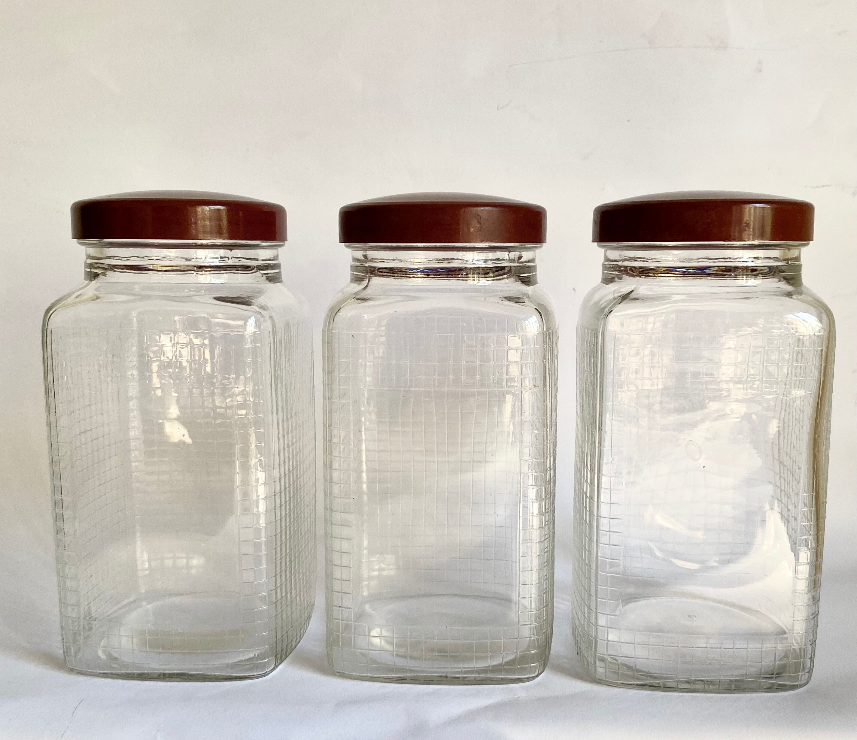 Trio bocaux verre quadrillé bouchon vintage