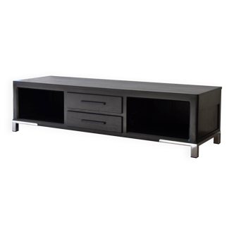 Low cabinet in black stained oak, TV cabinet, wood and metal sideboard