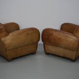 Pair of French club chairs with moustache back in cognac leather, 1940s