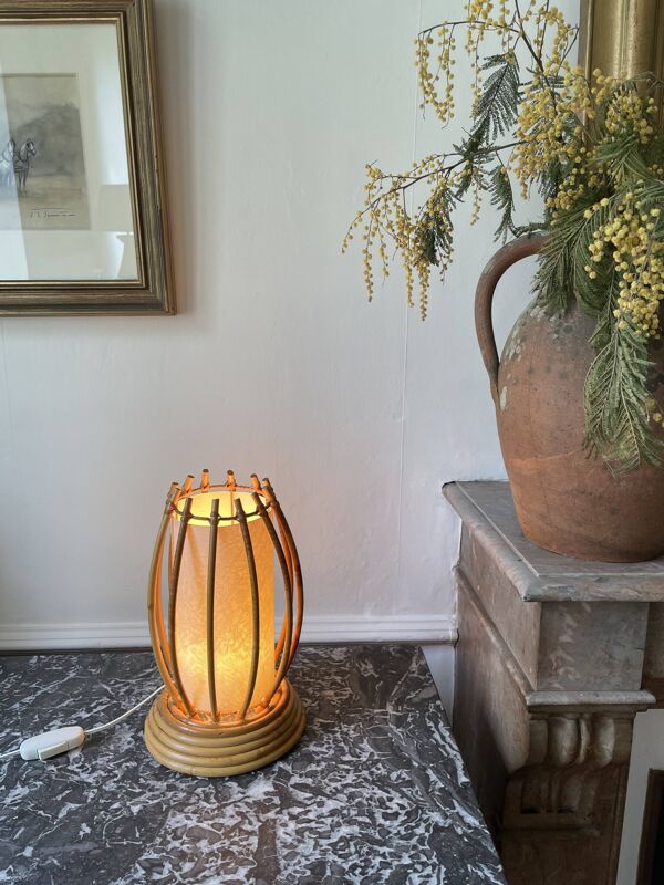 Lampe en rotin et bambou de Louis Sognot 1960
