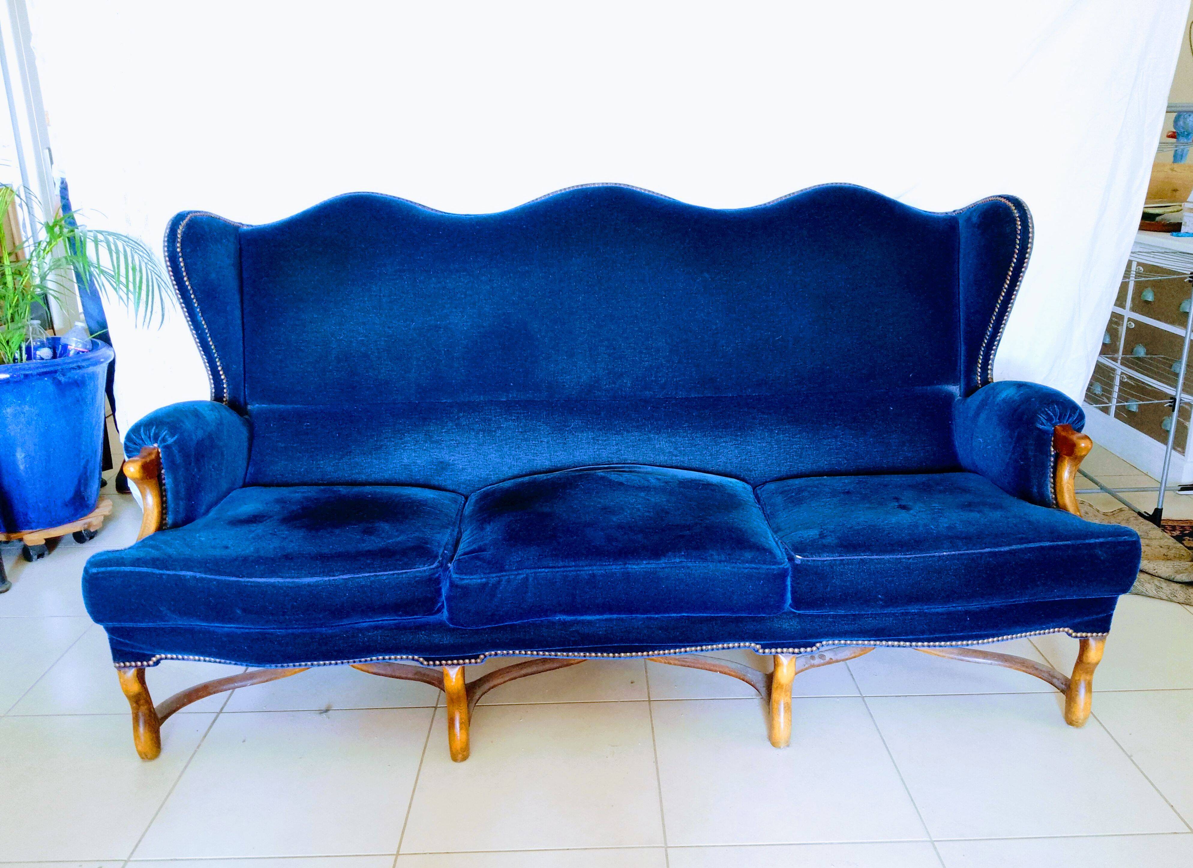 3 seater blue velvet sofa