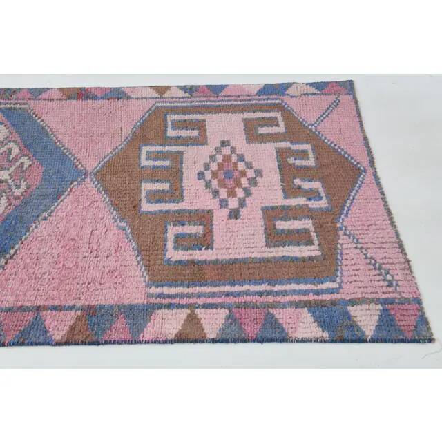 1970s Vintage Turkish Oushak Handmade Wool Cotton Pink Runner Rug 89x299