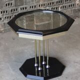 Table d'appoint hexagonale en bois laqué laiton & miroir 1970s