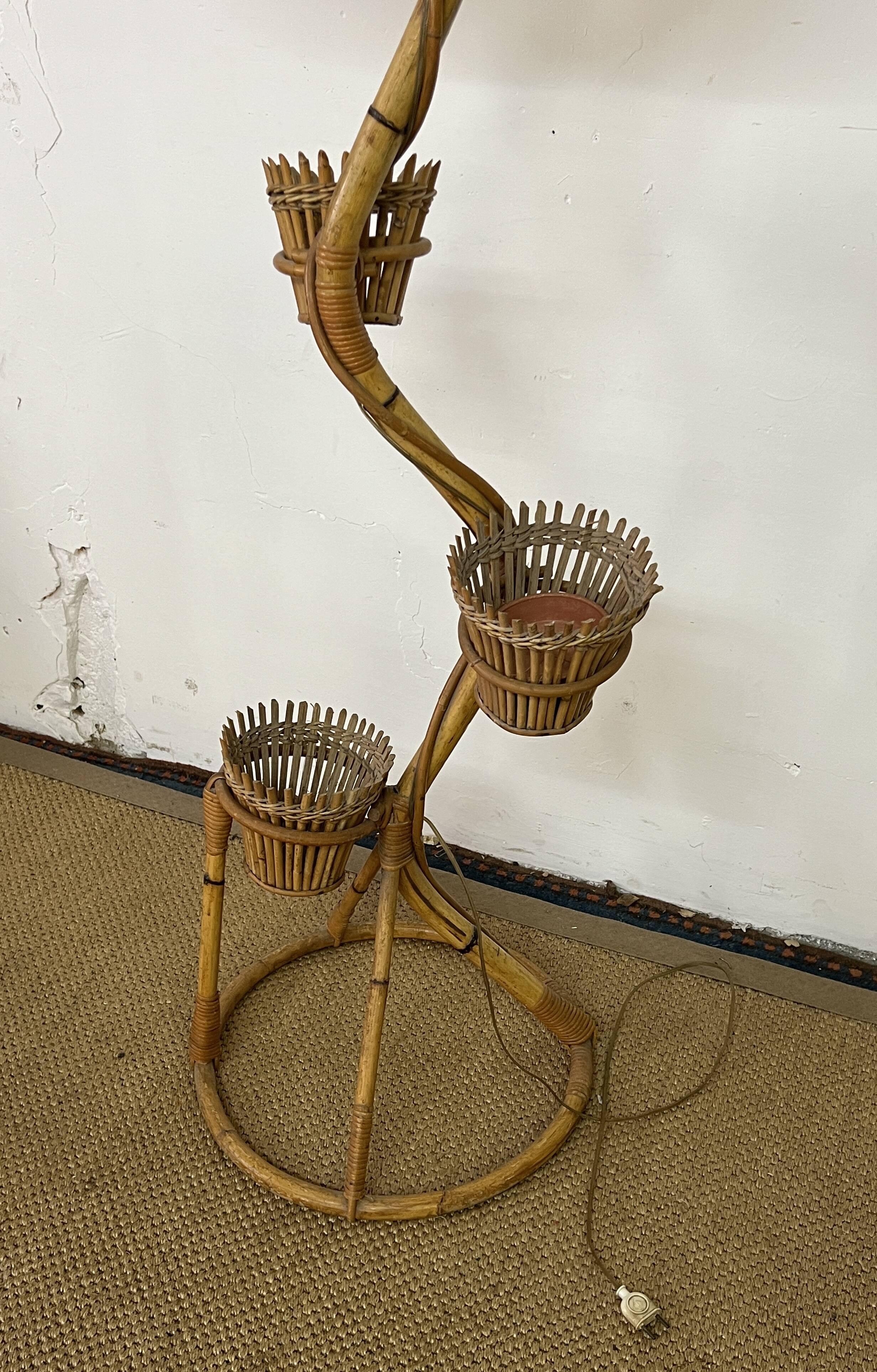 Rattan and bamboo plant holder floor lamp from the 70s