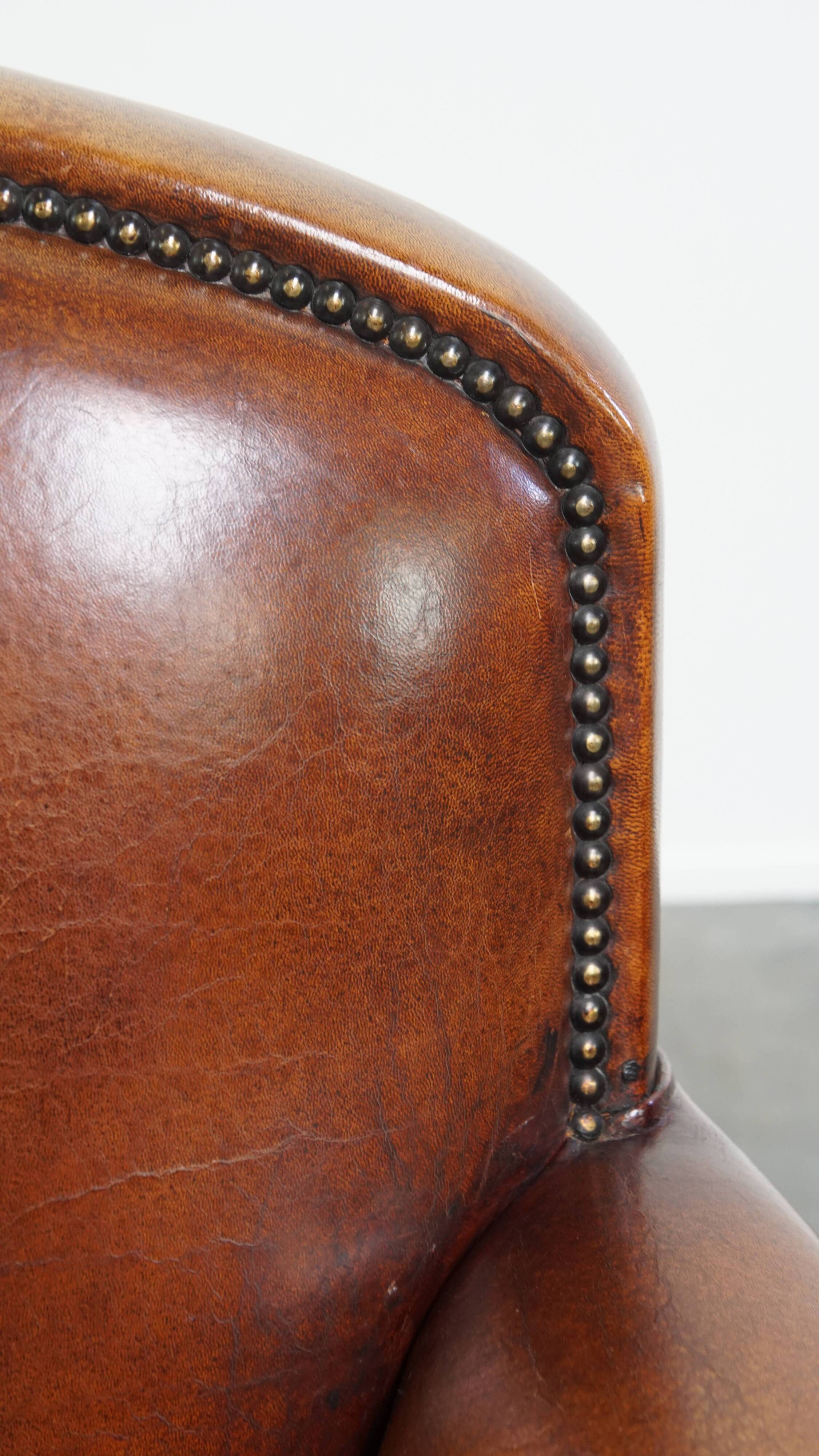 Sheepskin leather armchair in a cognac color with black piping