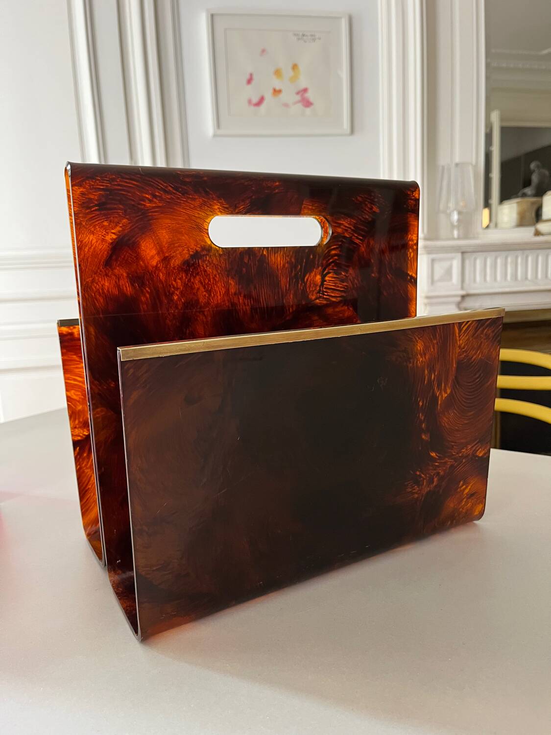 1970s lucite tortoiseshell magazine rack