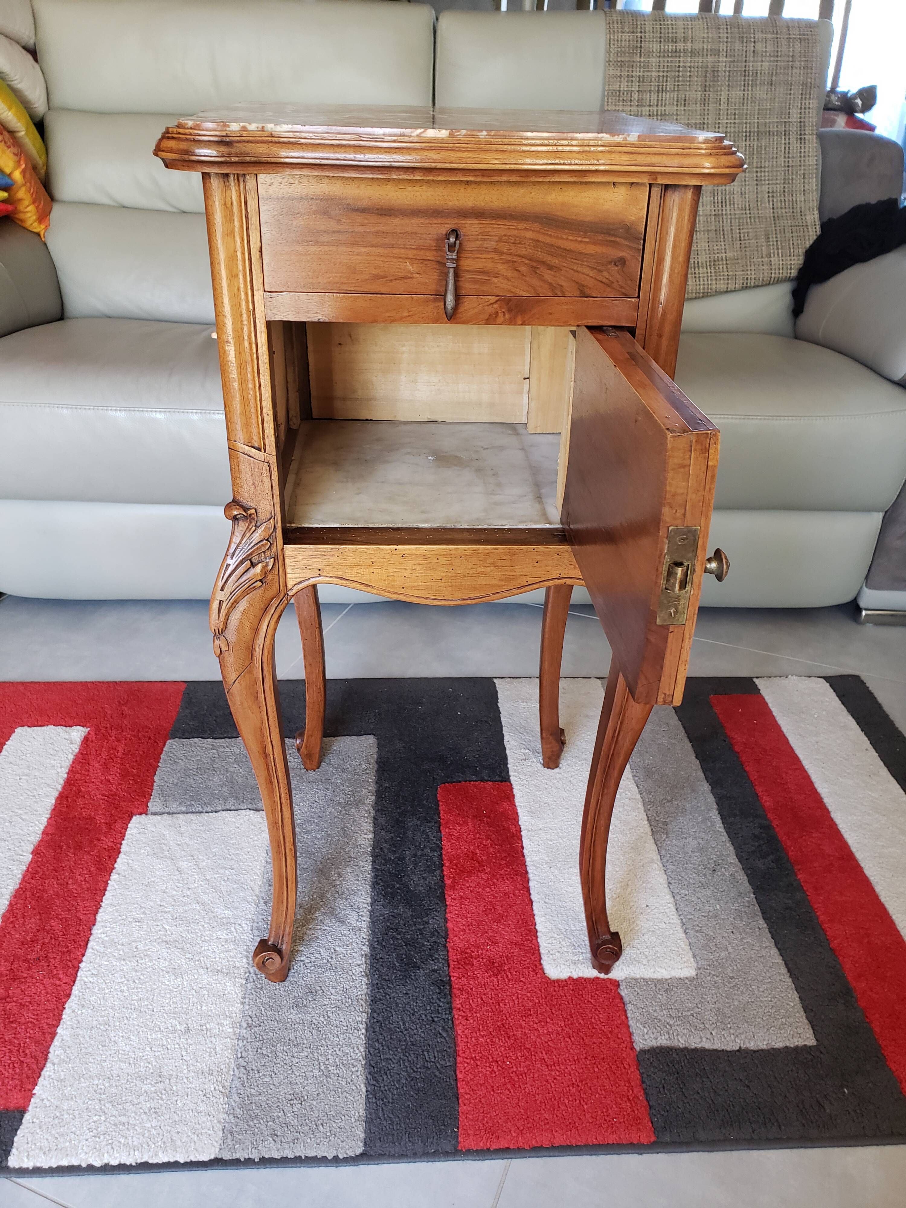 Antique walnut and marble bedside table