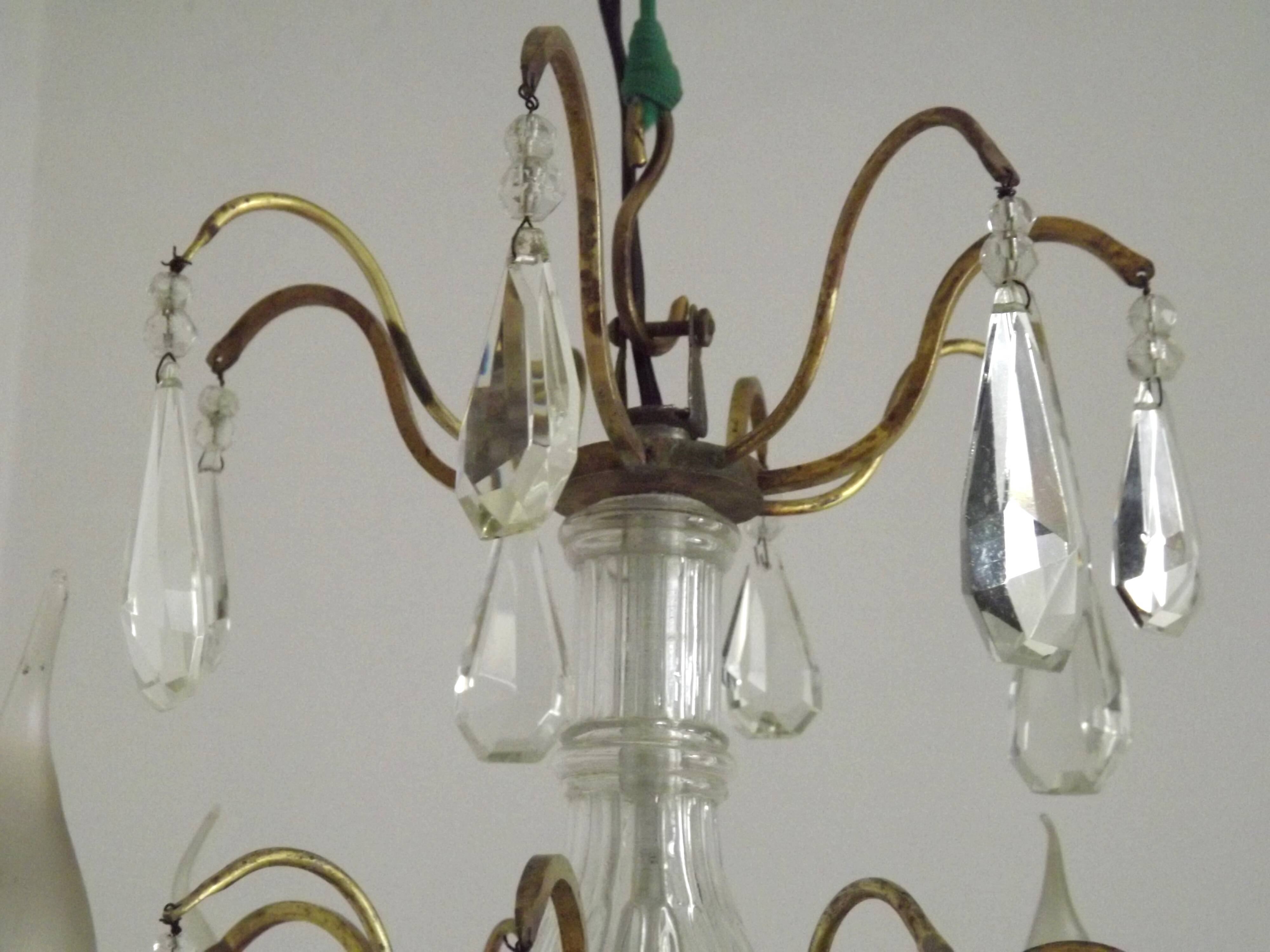 French vintage brass glass crystal 4 light chandelier with Murano droplets 4991