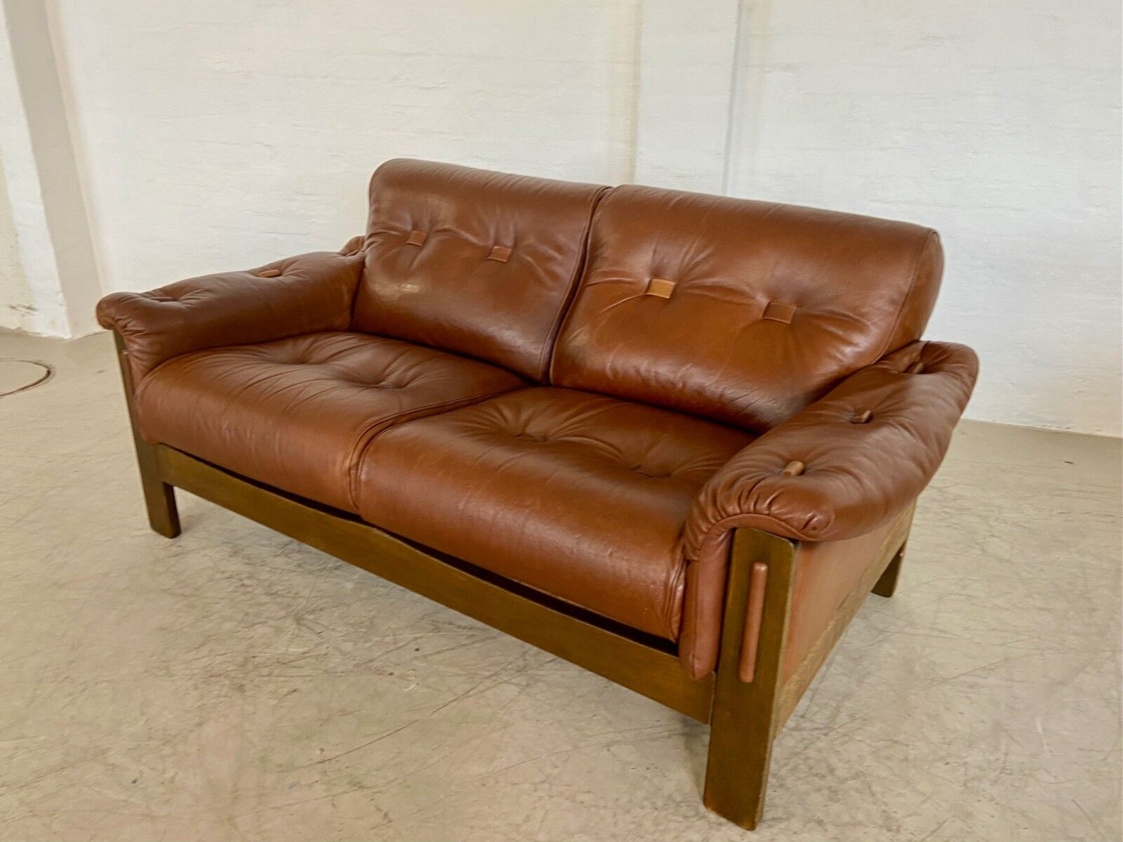 Vintage Danish mid-century cognac brown leather 2-seater Stouby 1970s