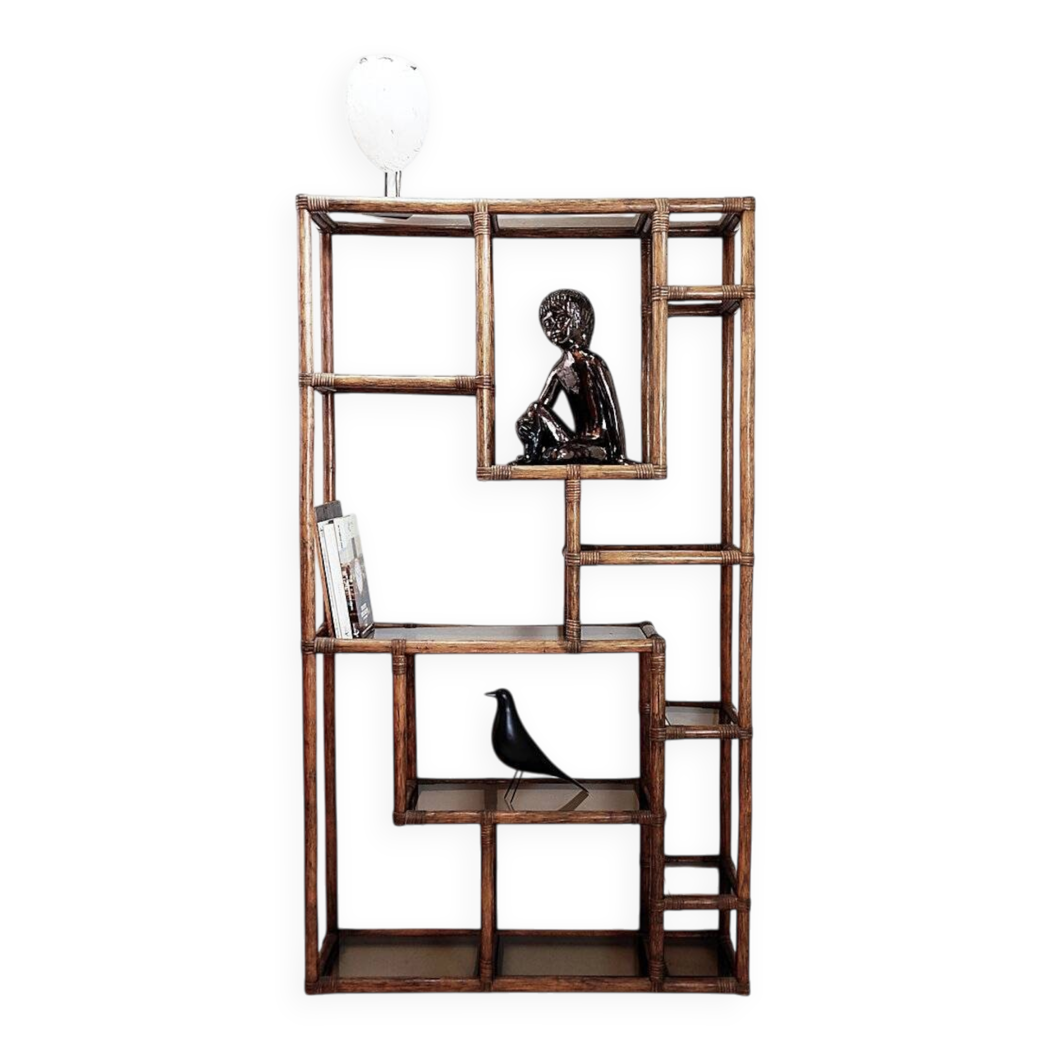 Asymmetrical shelf in bamboo and smoked glass - 1970s