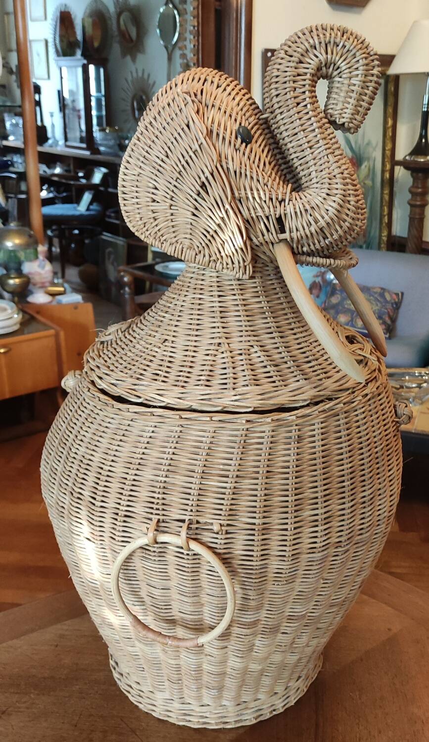 Old vintage rattan elephant head chest basket