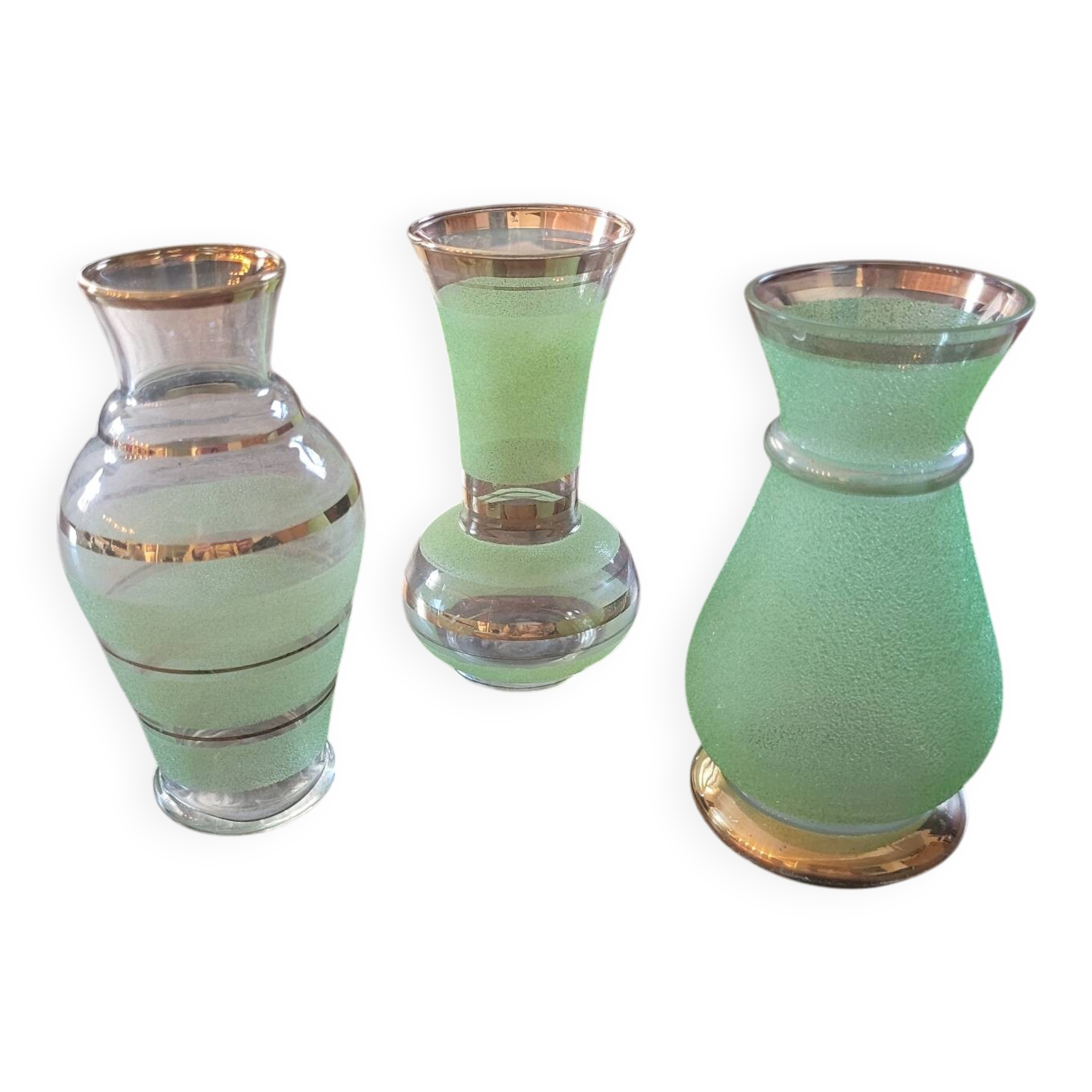 Trio de vases rétro – verre granité vert & doré (années 50/60)