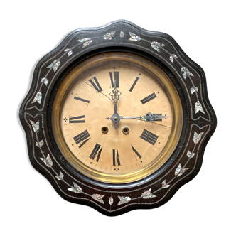 Antique ox eye clock wood and mother-of-pearl