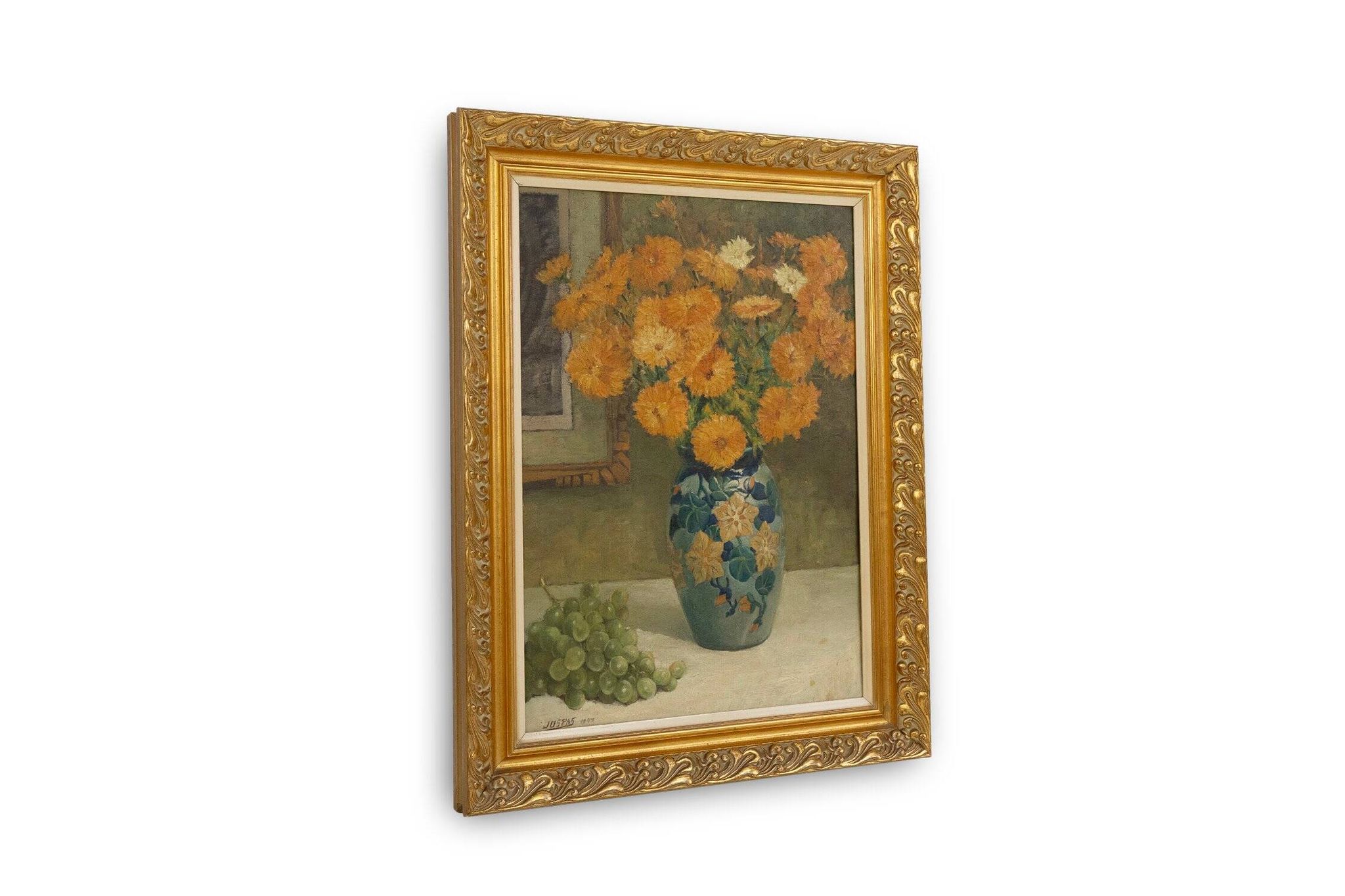 Belgian Still Life Painting by Jos Pas, 1944 — Flowers and Grapes in a Vase