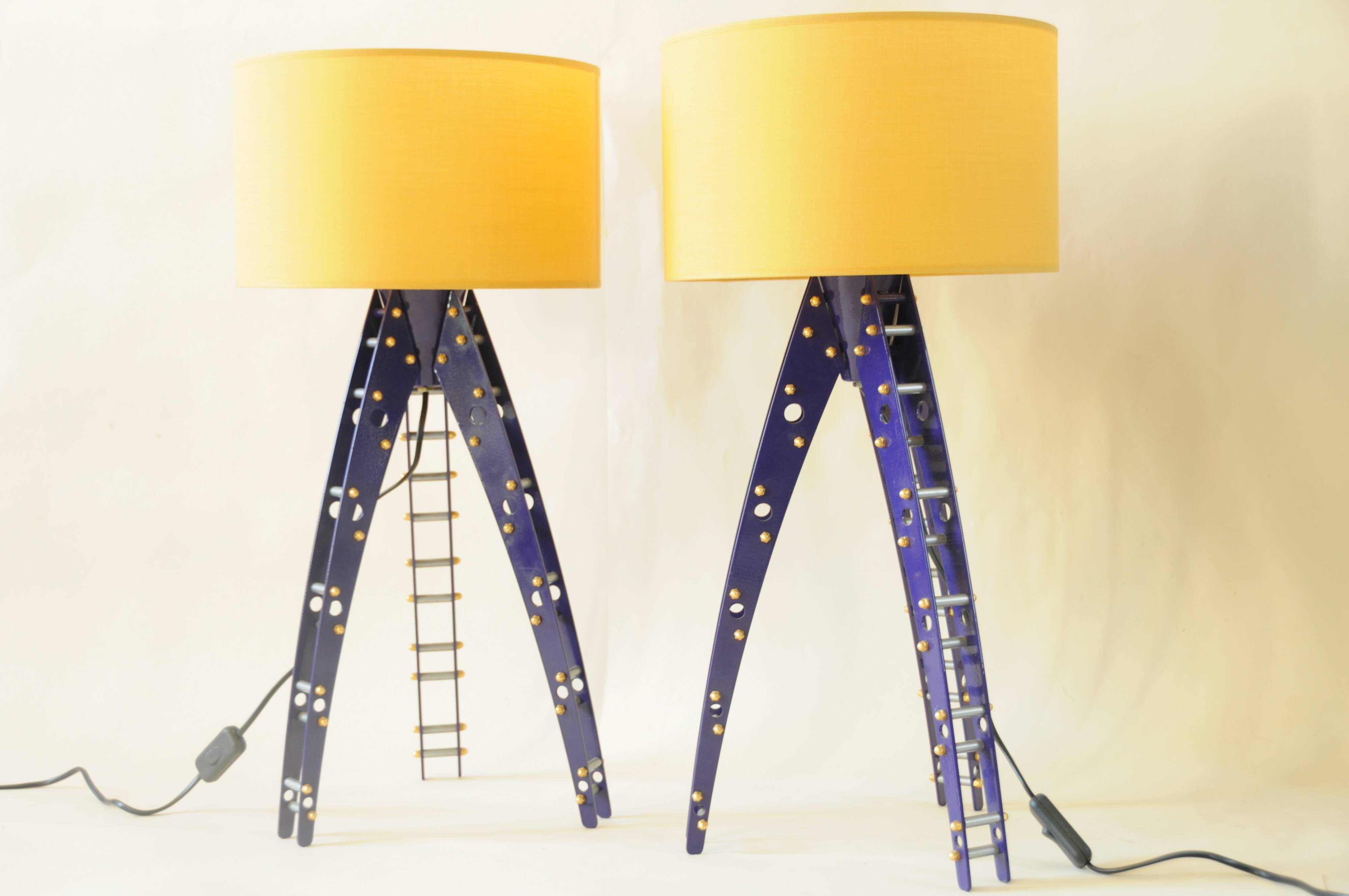 Pair of blue industrial design lamps with yellow shades - Space Age Rocket