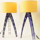 Pair of blue industrial design lamps with yellow shades - Space Age Rocket