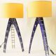 Pair of blue industrial design lamps with yellow shades - Space Age Rocket