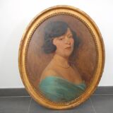 Tableau ancien ovale, portrait femme sur toile, fin 19ème début 20ème