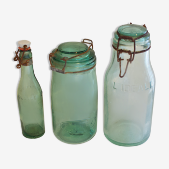 Set of 3 jars and vial of vintage glass