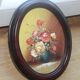 Small vintage oval painting – Raised bouquet of flowers – Retro burgundy frame