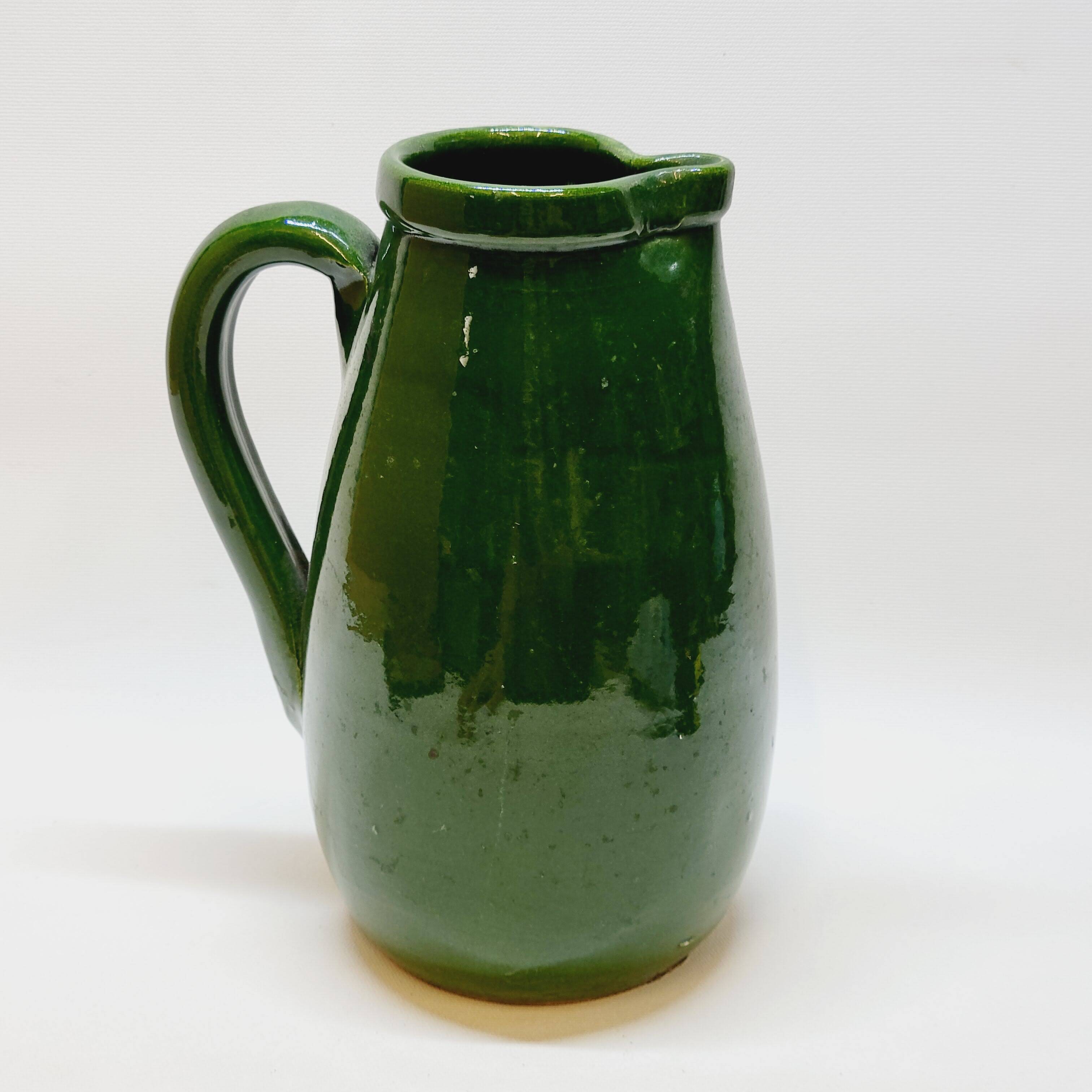 Pottery pitcher carafe terracotta green glazed ceramic