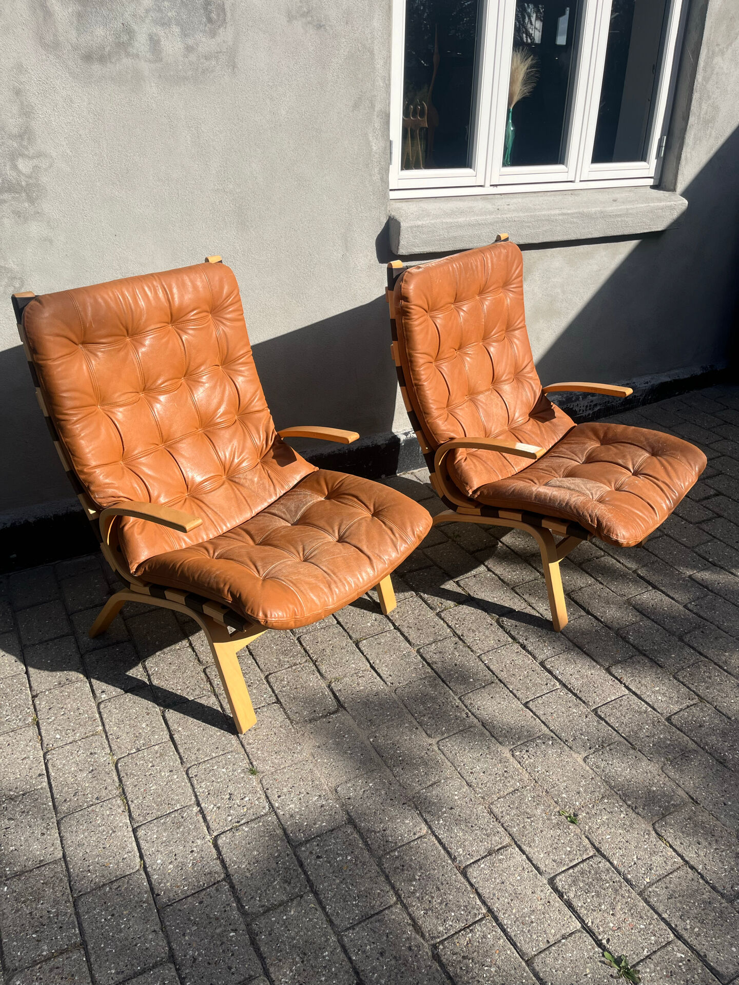 Rare 1970s Danish Modern 'Miljø' Easy Chairs in Cognac Aniline Leather