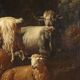 Old painting of a landscape with shepherds, oil on canvas, 17th century.
