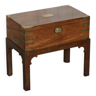 Antique hardwood military campaign desk with writing slope.