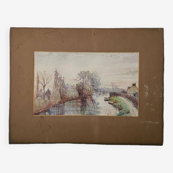 Aquarelle sur papier par L. Goupil XXe bord de rivière