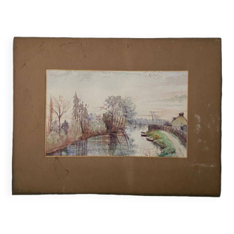 Watercolor on paper by L. Goupil 20th riverside