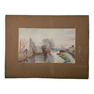 Aquarelle sur papier par L. Goupil XXe bord de rivière