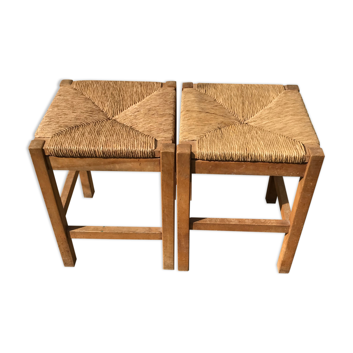 Pair of vintage beech stools seated mulched