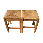Paire de tabourets vintage en hêtre assise paillée