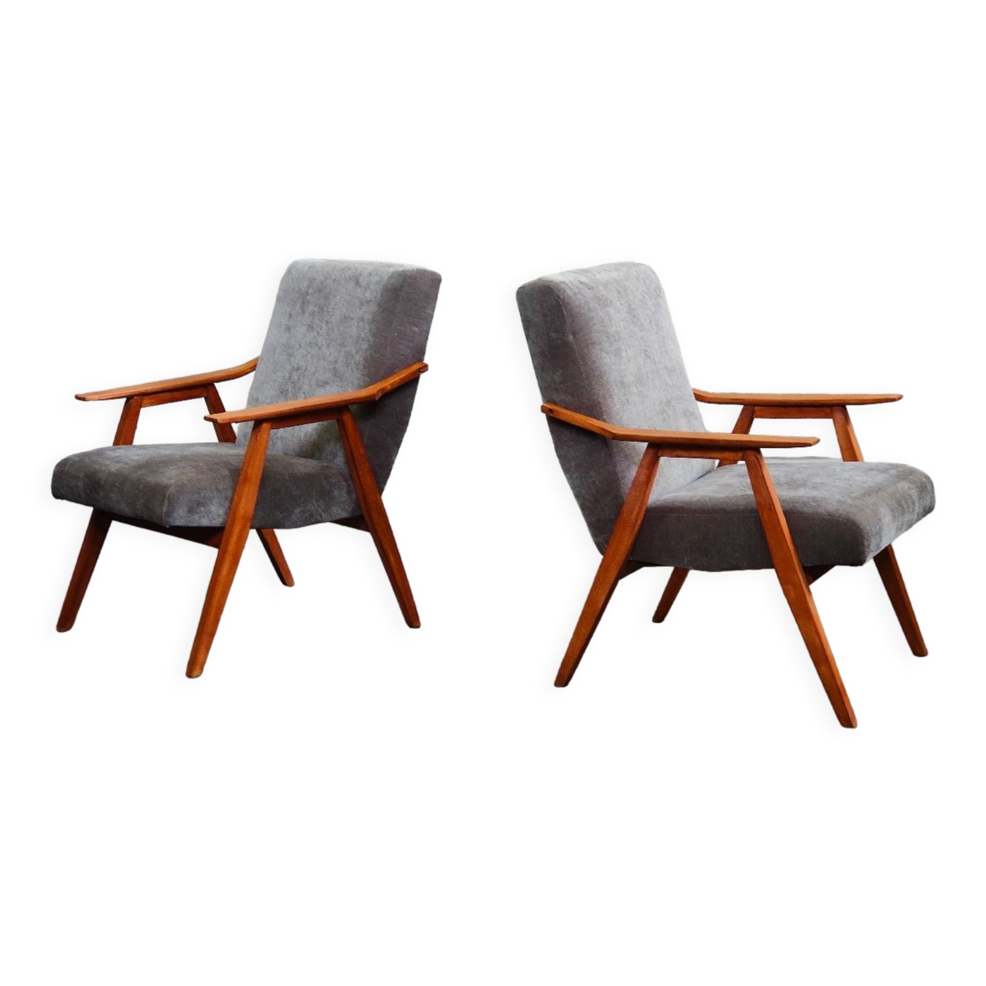 Pair of armchairs czechoslovakian midcentury renovated gray velvet
