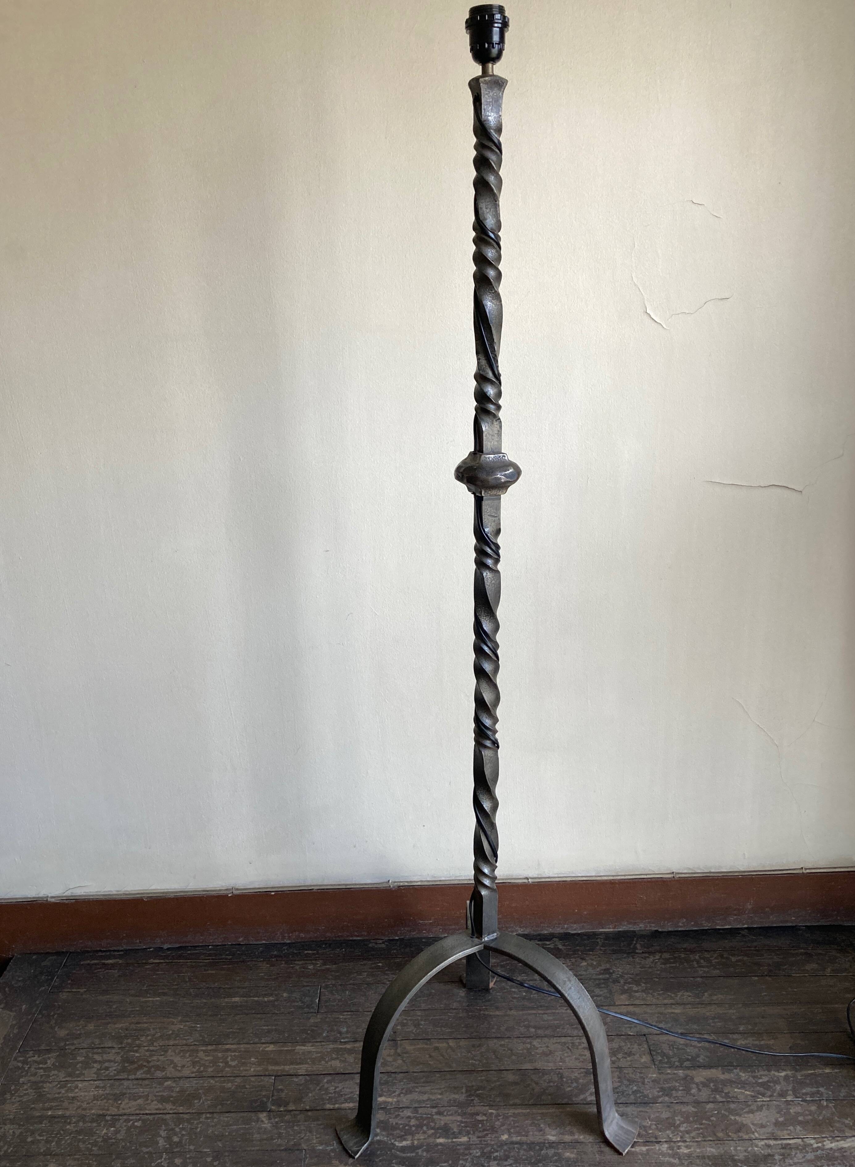 Floor lamp in beaten iron and bronze Artisans de Marolles 1960