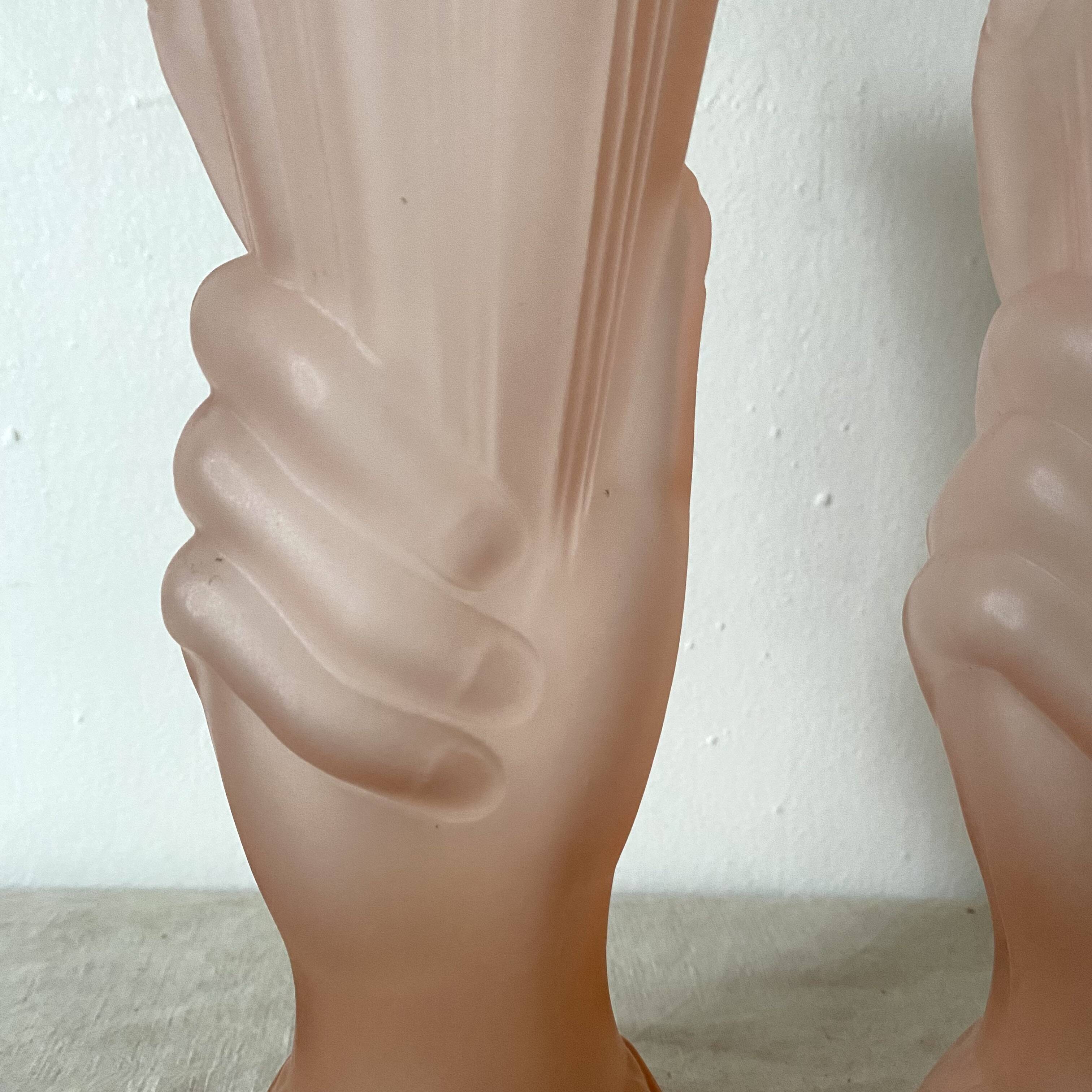 Pair of pink frosted glass torch vases, handmade, art deco