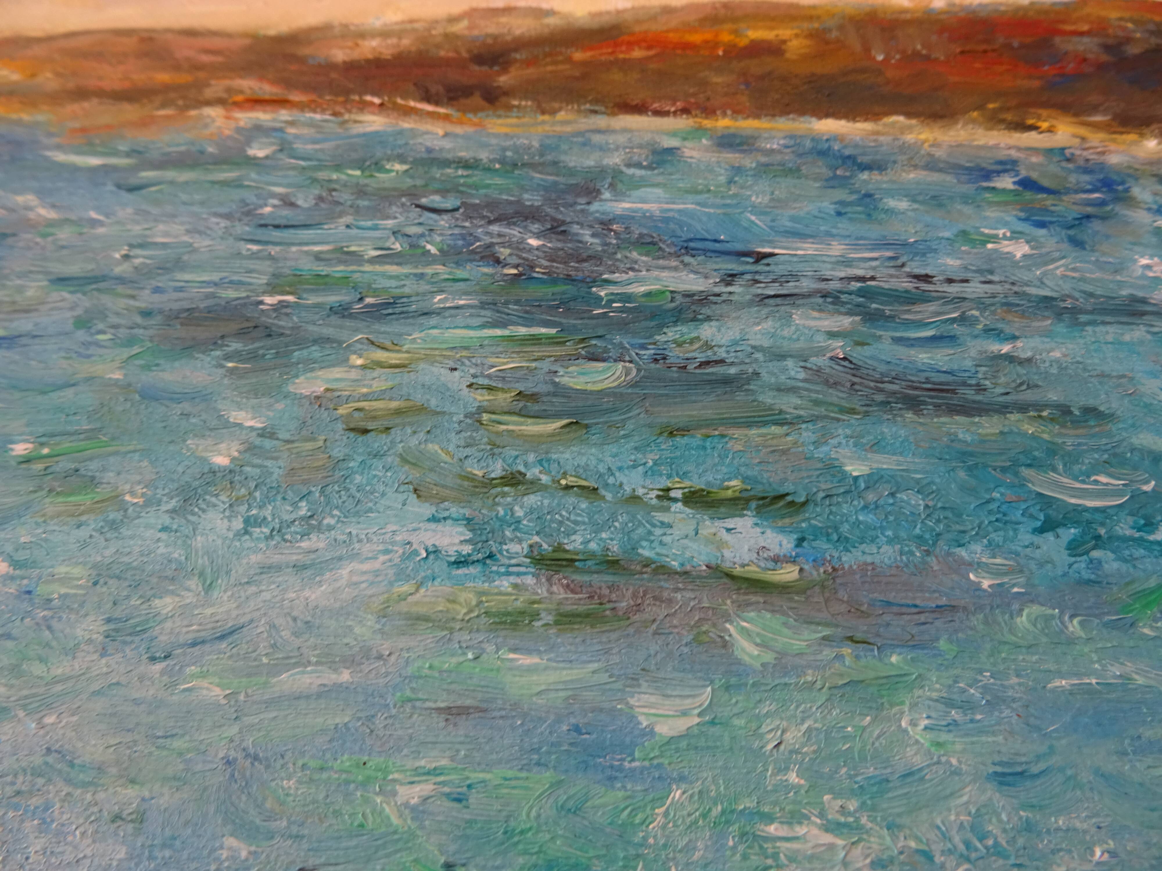 Seaside fisherman painting oil on canvas signed