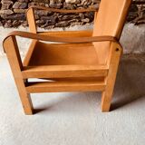 Safari armchair in wood and leather -1950's