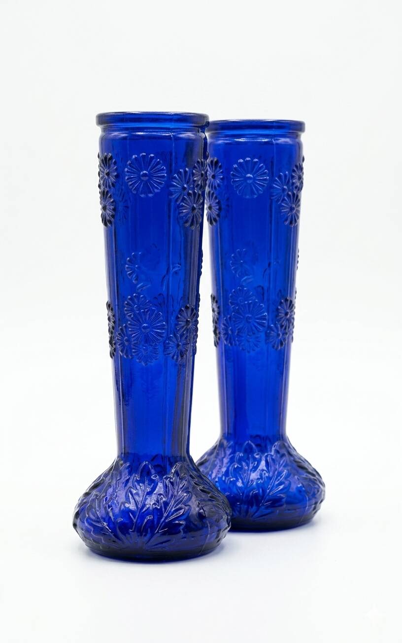2 vintage cobalt blue pressed glass vases